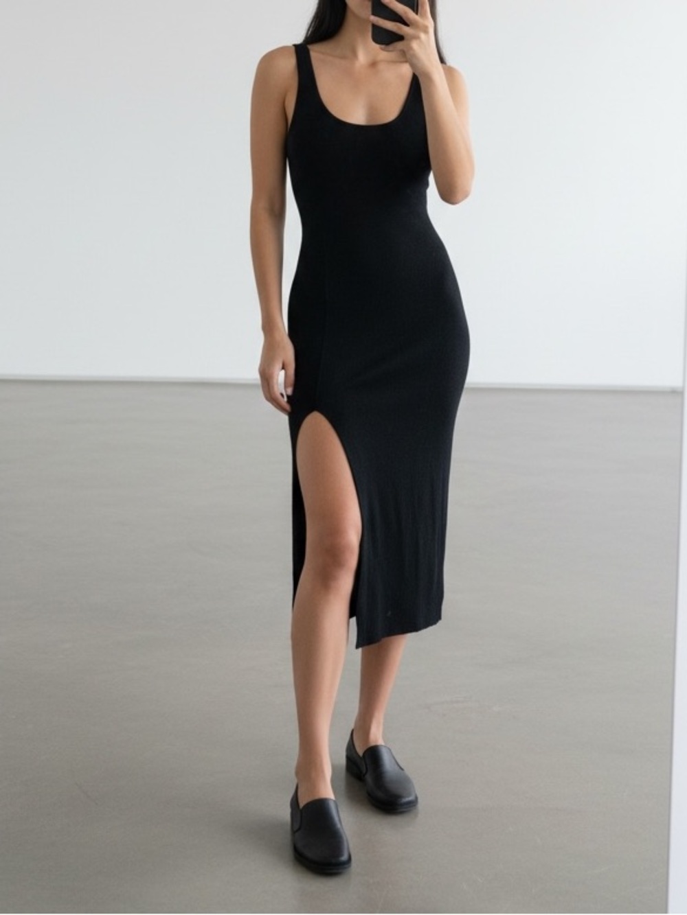 Black Knit Midi , Scoop Neck Front Slit, Open Back Sexy Sweater Dress, One Size